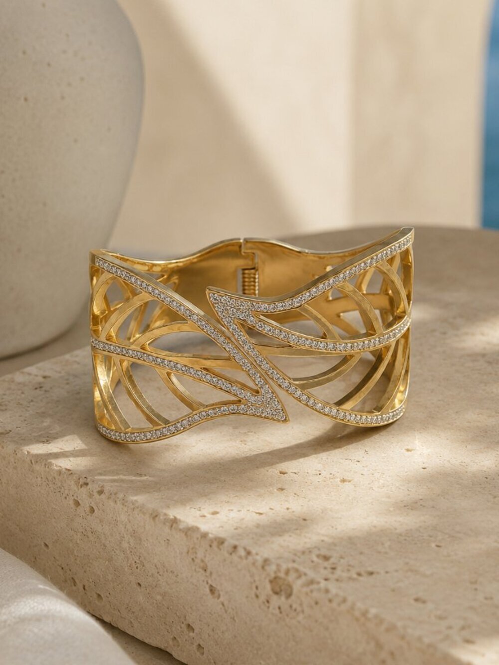 18K Gold Plated Leaf Cuff Bracelet Crystal Rhinestone Hinged Old Money Mob Wife
